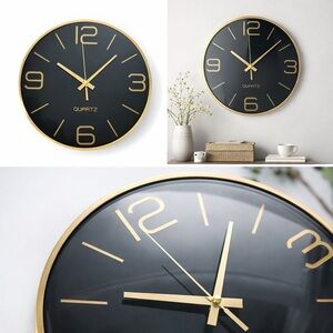 NIB Modern Black & Gold Quartz Wall Clock 12” Round Sleek Contemporary Decor